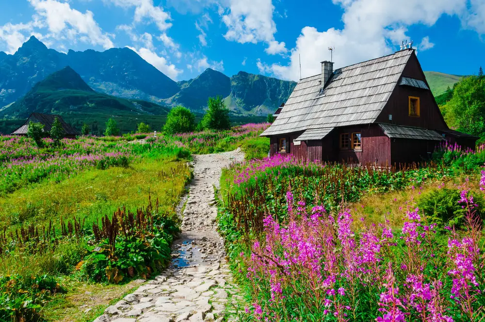 Picturesque fairy tale hut alongside a stone path leading to the mountains in the mountains next to a lilac field in Zakopane pictured for a piece titled Is Poland Safe to Visit