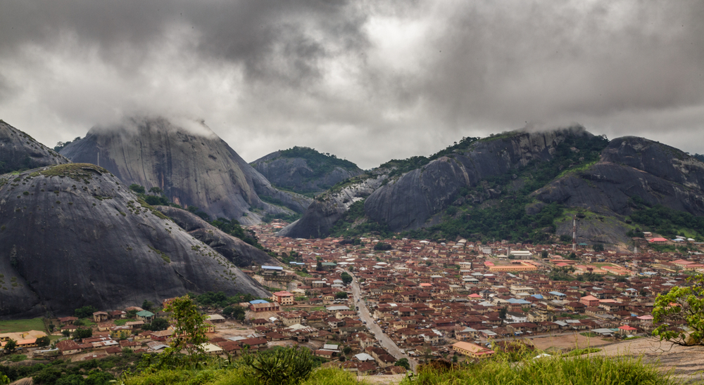 Idanre Hill village overview on a cloudy, rainy day outside of Akure during the least busy time to visit Nigeria