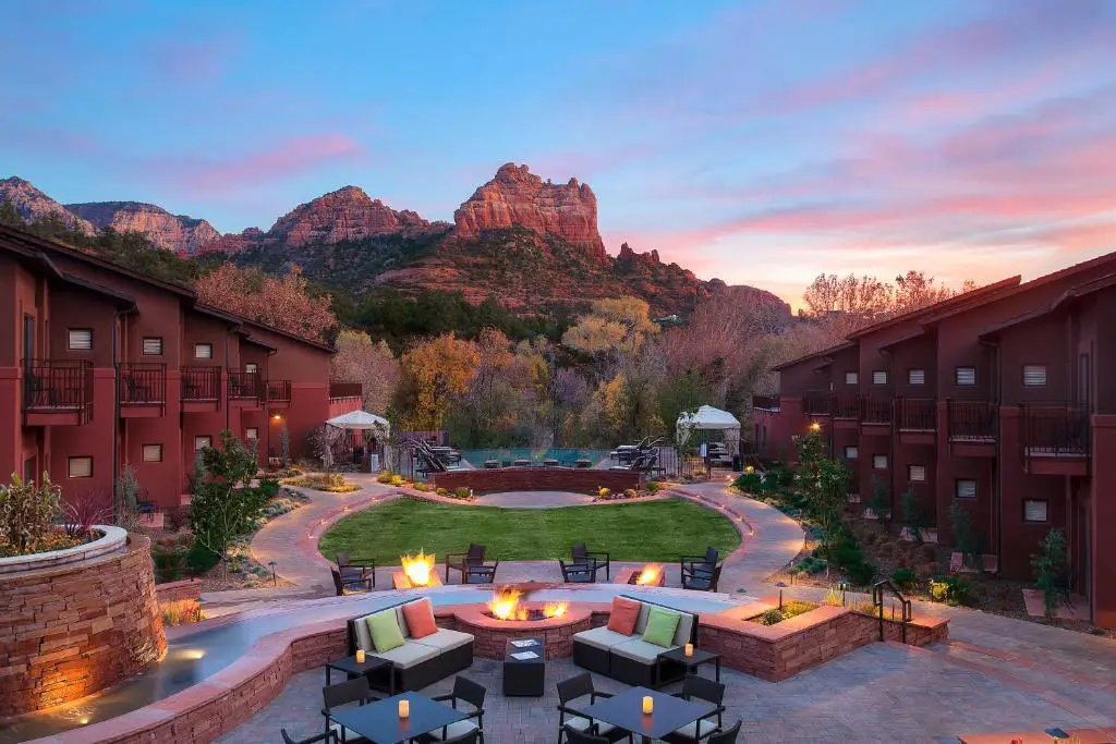 Outside courtyard with a gorgeous view of the mountains at the Amara Resort & Spa, one of the best boutique resorts in Sedona