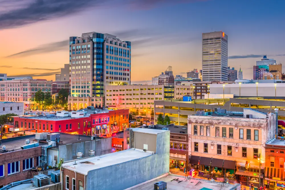 Aerial view of downtown Memphis, one of the city's best places to stay, pictured at dusk