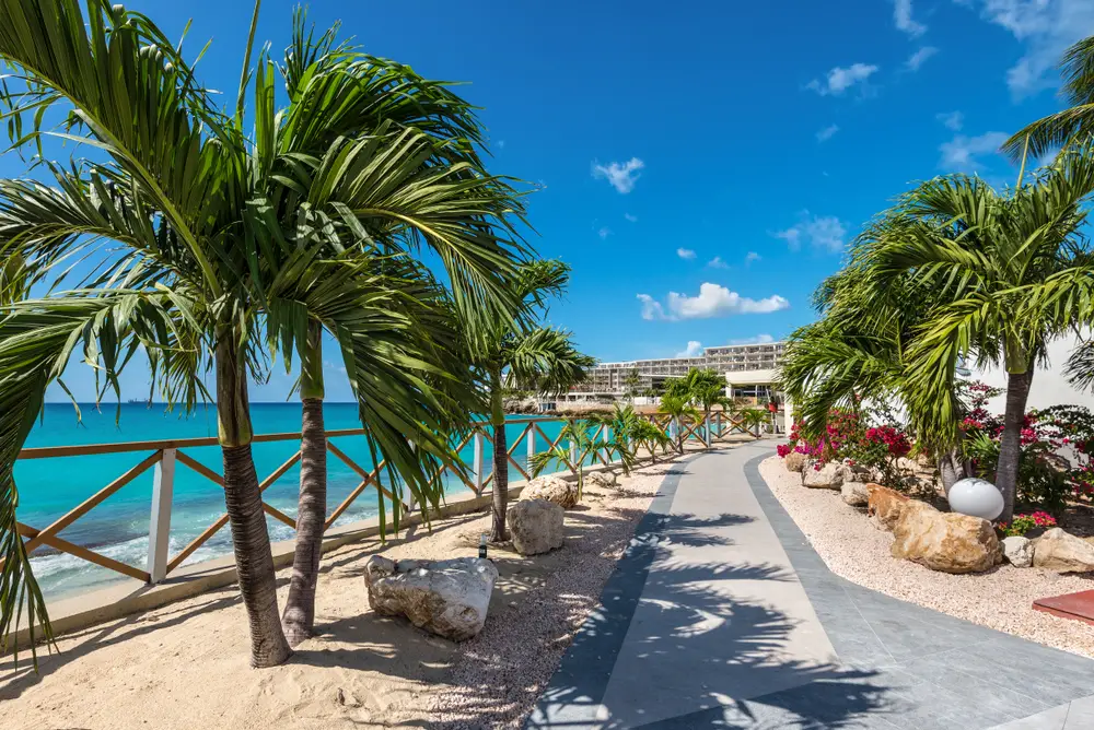 Gorgeous view of the tourist boardwalk in Saint Martin leading to Maho Beach