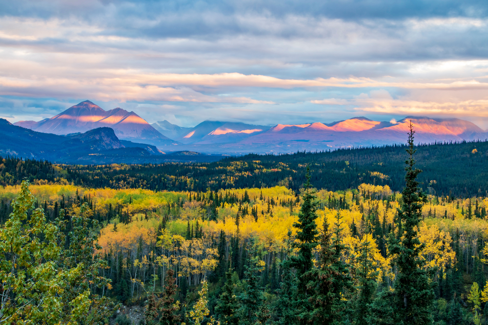 A trip to Denali National Park in Alaska is one of the best US vacations, with mountain views and wilderness shown at sunset