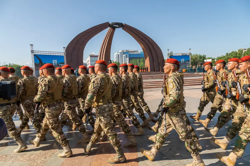 Troops marching down the road in Bishek, Kyrgyzstan