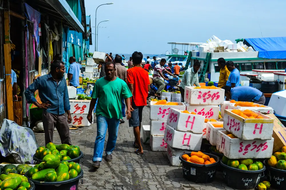 Photo of people walking along the Male Fish Market for a piece titled Are the Maldives Safe to Visit with lots of boats and coolers and fruit all around under a hazy blue sky