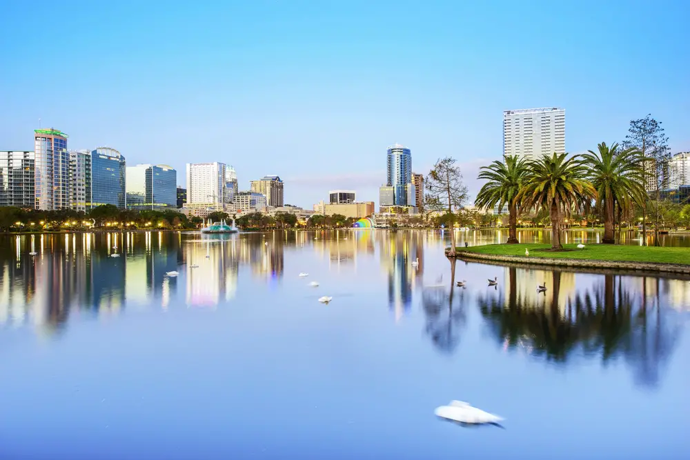 View of downtown Orlando from Lake Eola Park to show the #1 city among cheap places to fly to