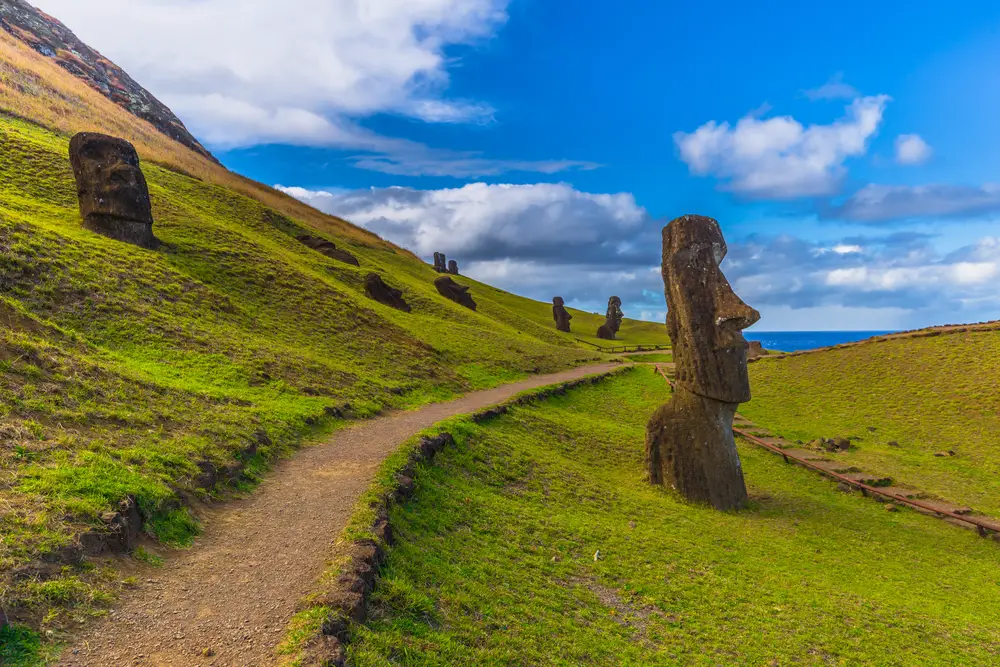 Unique view of the heads of the status in Ranu Raraku pictured during the best time to go to Easter Island