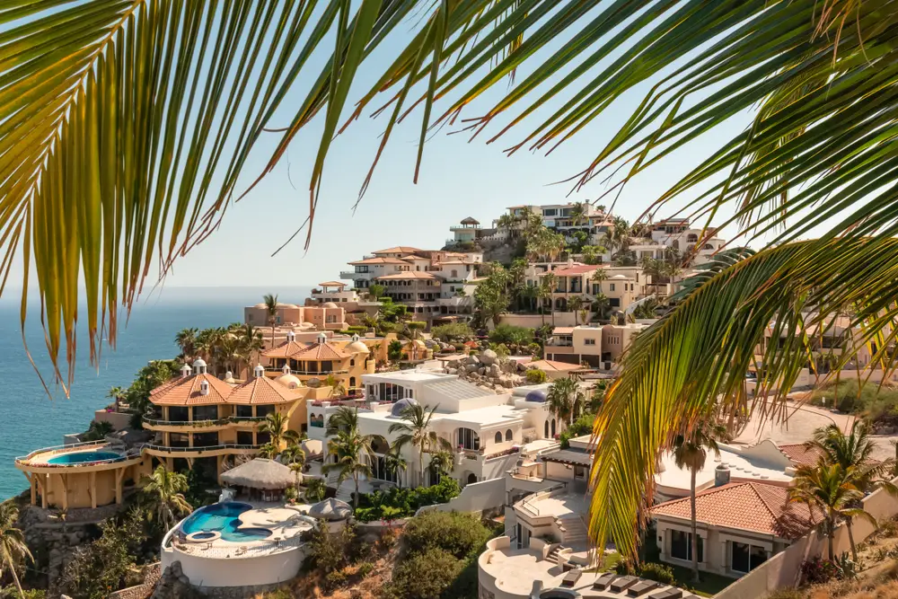 Luxury vacation homes seen with a palm front in the foreground in Pedregal Hills, Cabo San Lucas, where celebrities are known to stay when not at the best luxury resorts in Cabo
