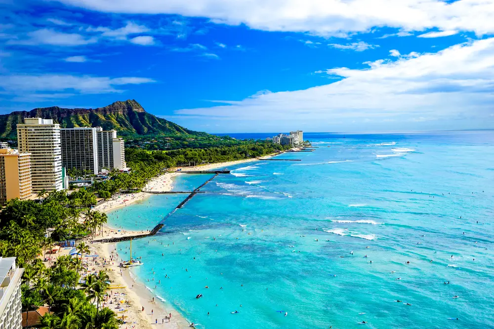 Aerial view of Waikiki Beach and Diamond Head crater in Honolulu, one of the best spring break destinations for families