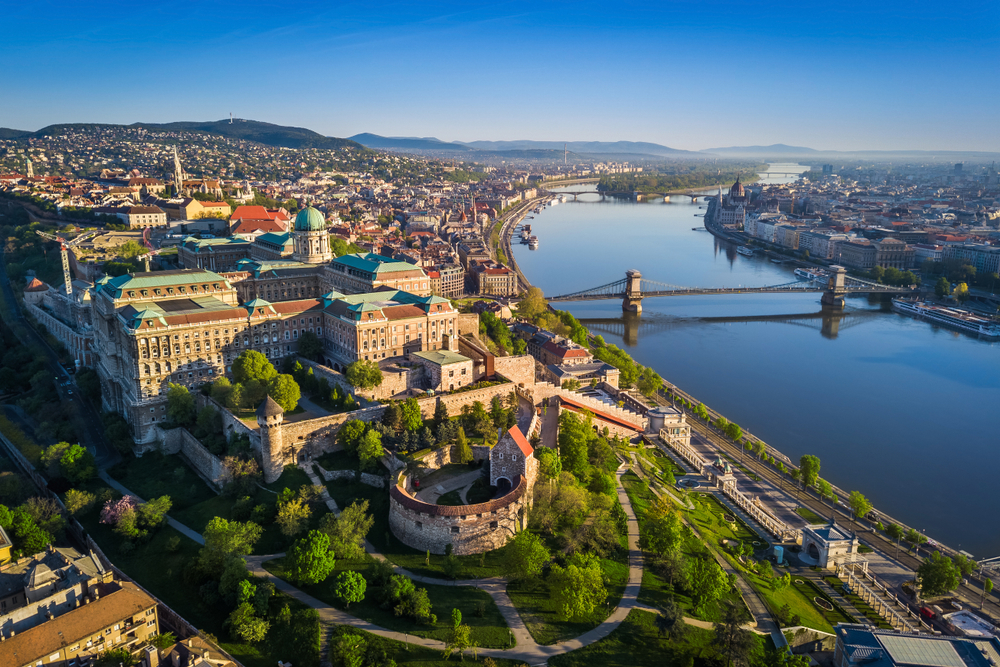 Skyline aerial view of Budapest, Hungary, which ranks as one of the top 10 cities to visit in Europe, along the banks of the Danube River