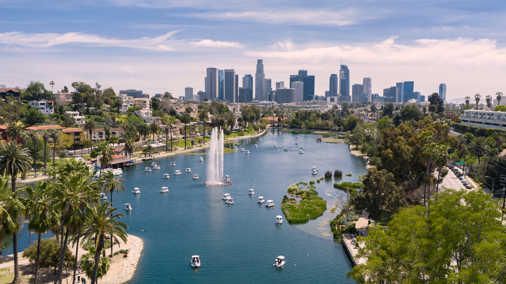 Aerial view of downtown Los Angeles from Echo Park with boats on the water and the skyline in the distance for a list of the best tourist destinations in the world