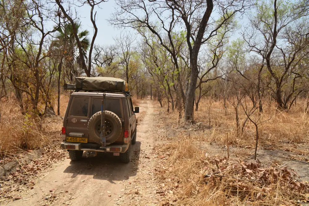 Photo of a 4x4 making its way down a dirt road in Niokolo National Park during the overall best time to visit Senegal