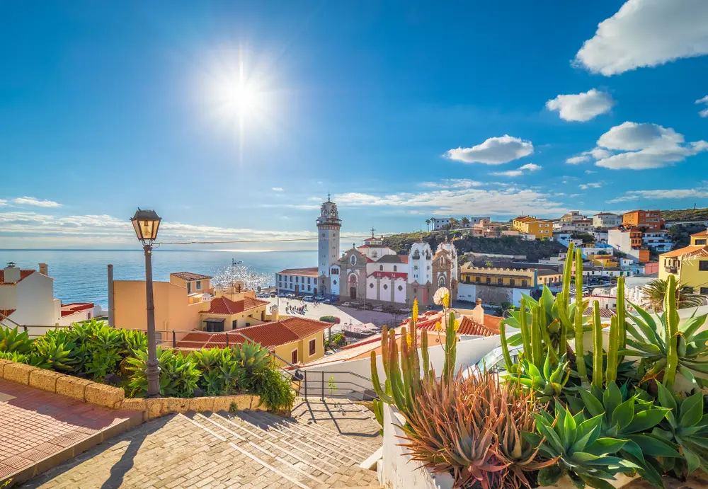 For a guide titled Where to Stay in the Canary Islands, a photo of the landscape of the historic town of Candelaria on Tenerife
