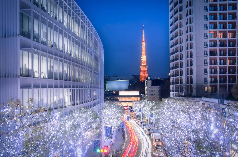 Picturesque view of the illuminated trees in Roppongi, one of Tokyo's best areas in which to stay