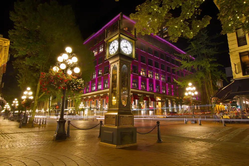Historic steam clock in Gastown pictured at night in Gastown, a top pick when considering where to stay in Vancouver