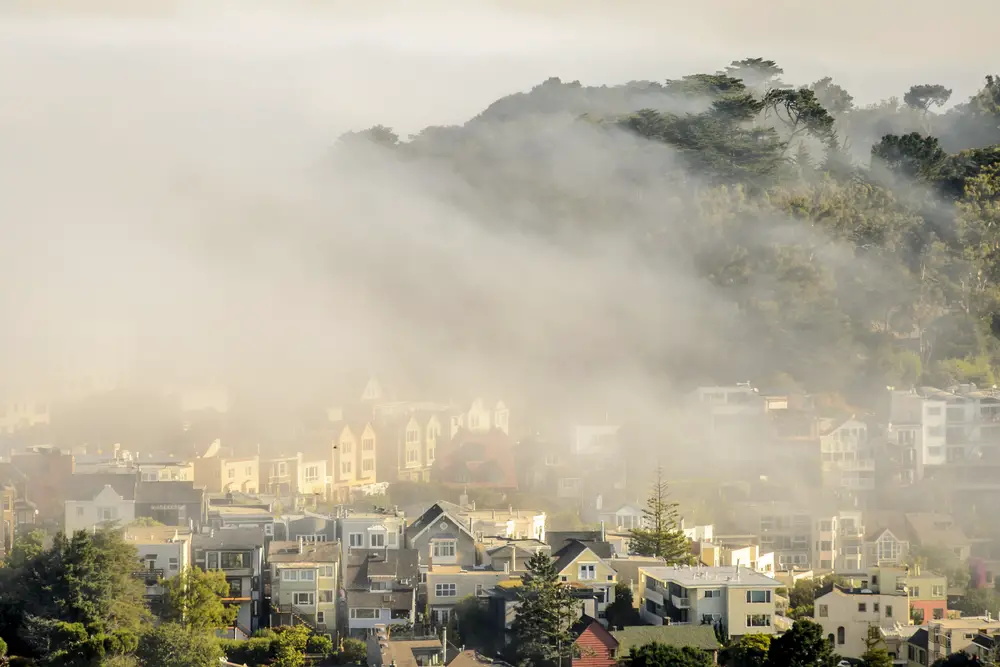 A dense fog settled over San Francisco houses and hills to show what the climate is like in Northern California vs Southern California