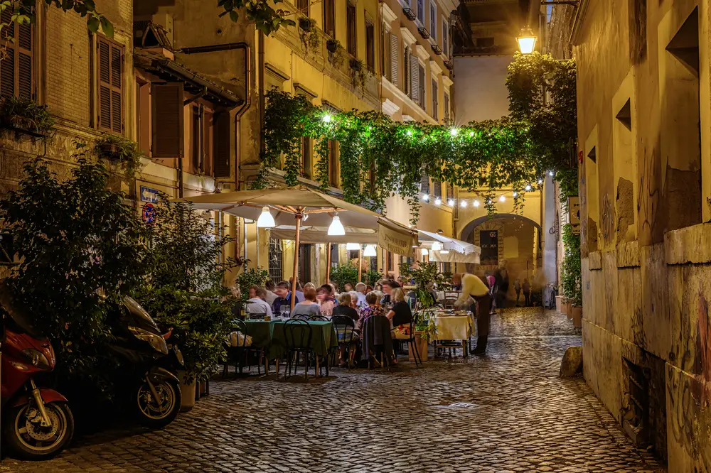 Night view of the Trastevere in Rome pictured for a guide to the trip to Rome cost