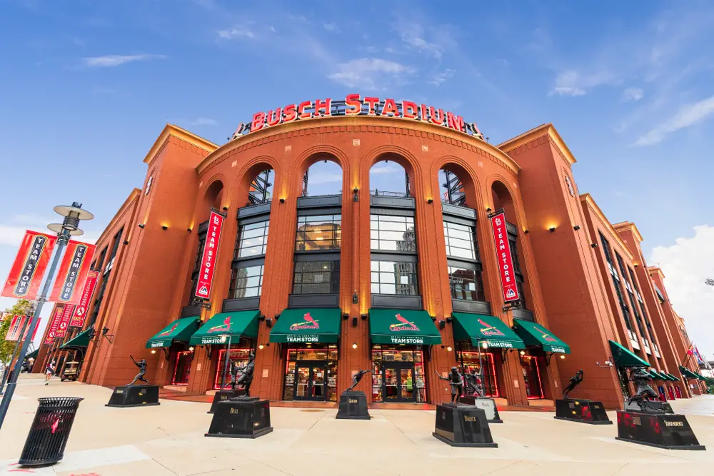 Photo of Busch Stadium pictured from the intersection for a guide on where to stay in St. Louis