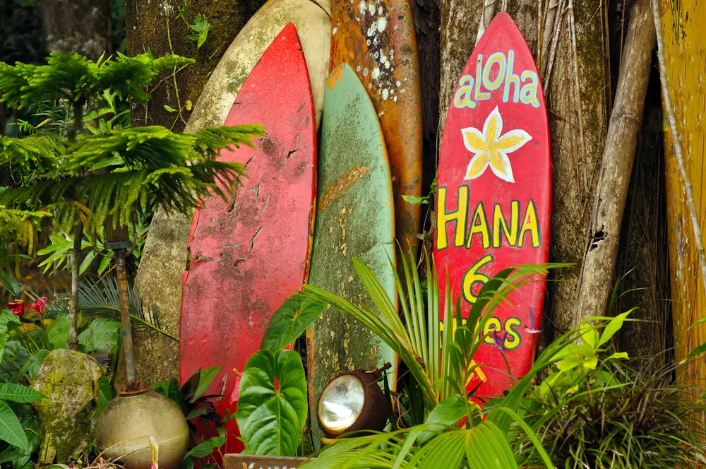 Πινακίδα καλωσορίσματος στις σανίδες του σερφ κατά μήκος του Δρόμου προς τη Χάνα στο Μάουι της Χαβάης για ένα άρθρο συζήτησης που απαντά ποια γλώσσα μιλούν στη Χαβάη;