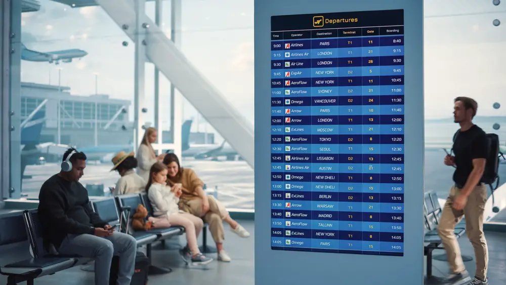 Passengers in an airport departure terminal wait with departure screen in view for an article answering what is a standby flight and how does it work