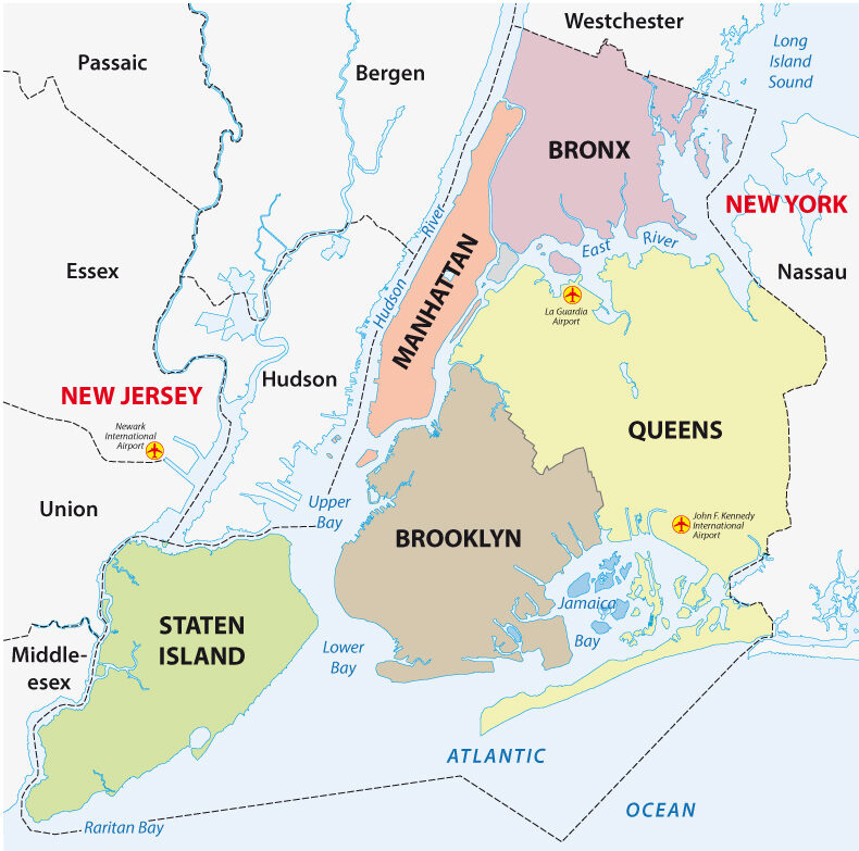 Για ένα κομμάτι με τίτλο Is New York City Safe to Visit, ένας χάρτης των 5 δήμων
