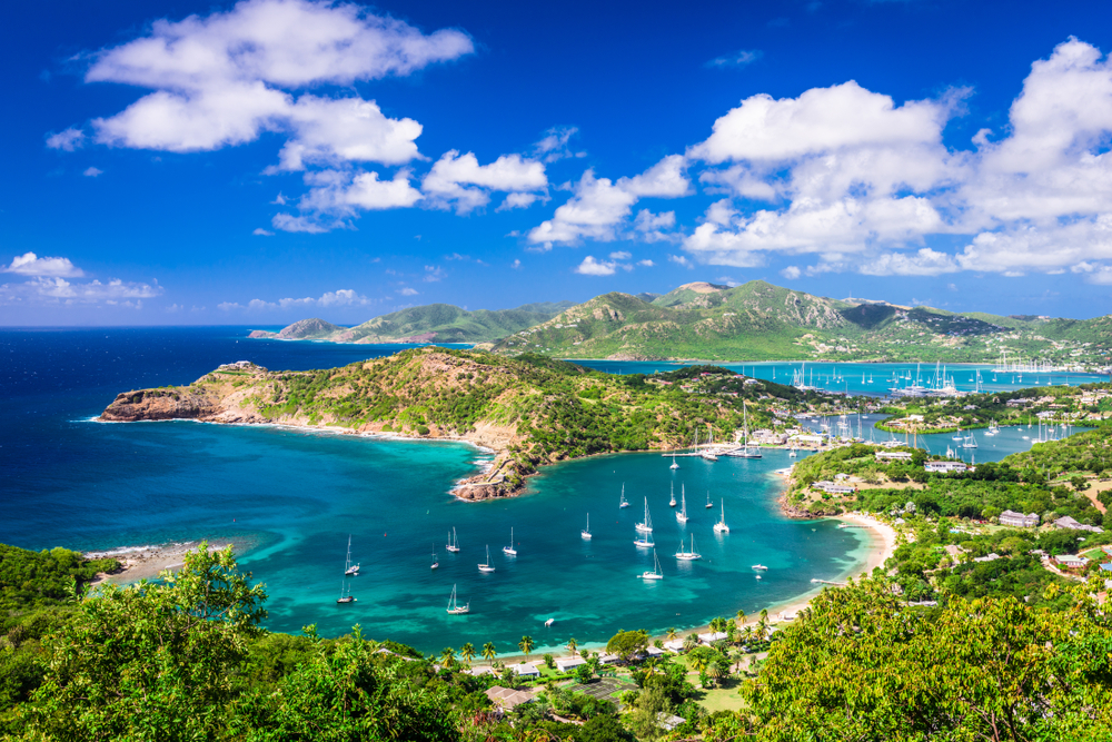 View of the English Harbor in Antigua pictured during the best time to go